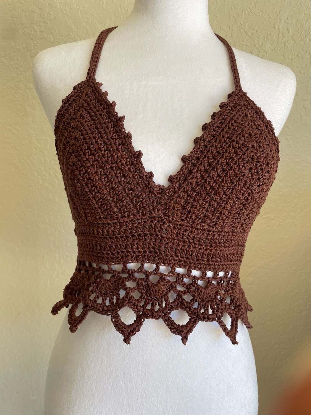Handmade Brown Crochet Halter Crop Top 100% Cotton Boho Festival Y2K
